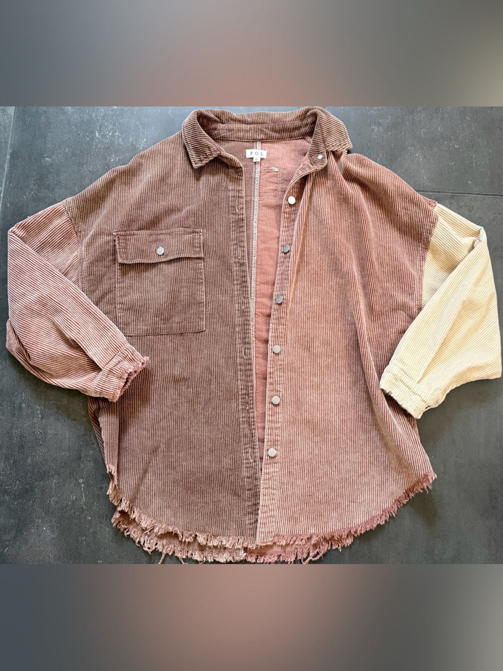 POL Color Block Corduroy Shirt Jacket in Mauve Brown and Cream